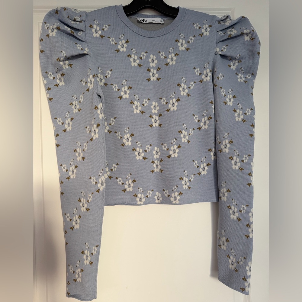 Zara Blue white Floral Puff Sleeve Blouse